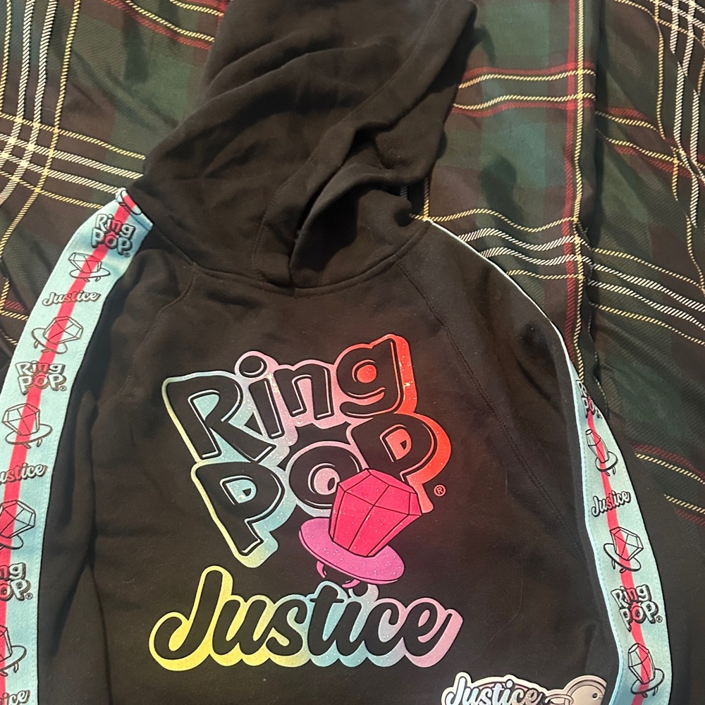 Justice Black Hoodie with Colorful Ring Pop Design